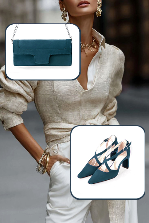 Dress heels closed-back crossed straps in peacock blue leather with high comma heels and tapered toe - Worn view